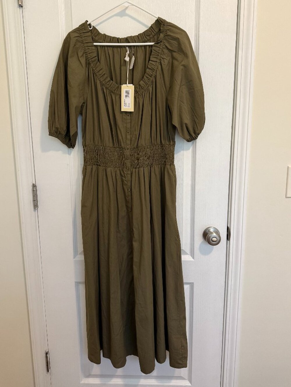 Ramy Brook Laura Dress L Olive Green Midi Puff Sleeve Smocked Waist NWT - Picture 2 of 8